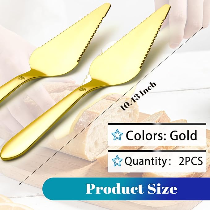Eisinly Cake Pie Server Set for Wedding, Elegant Pizza Slicer Server Set with Stainless Steel Big Serrated Edges, Cake Cutter Pie Spatula for Birthday Anniversary, 2 Pcs, Gold
