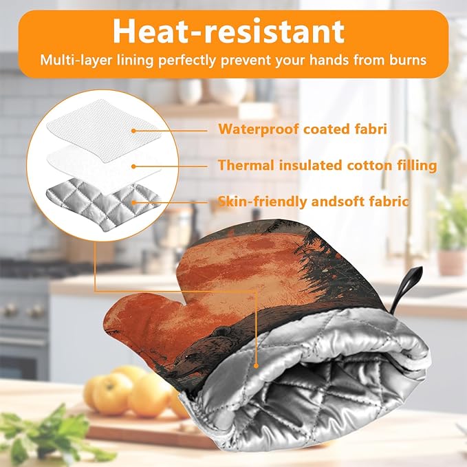 Bear Forest Oven Mitts and Pot Holders Sets 4Pcs Silicone Non-Slip Mitts Heat Resistant Gloves Hot Pads for Kitchen Cooking Baking Grilling BBQ