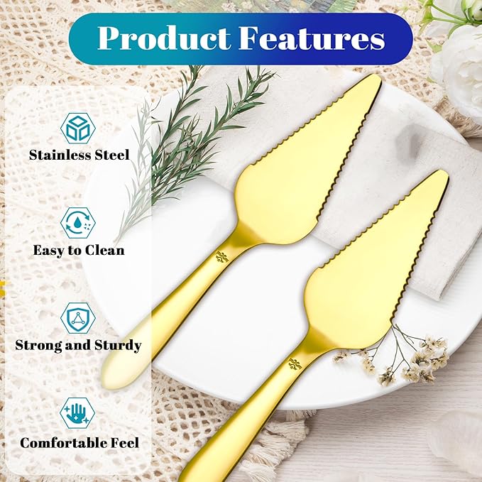 Eisinly Cake Pie Server Set for Wedding, Elegant Pizza Slicer Server Set with Stainless Steel Big Serrated Edges, Cake Cutter Pie Spatula for Birthday Anniversary, 2 Pcs, Gold
