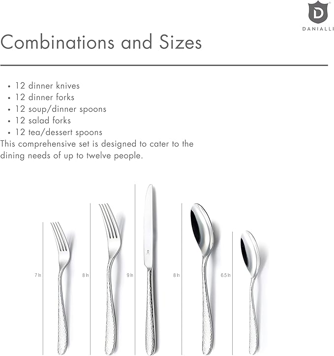 Matte Silverware Set, 18/10 Stainless Steel Satin Flatware, Modern Brushed Finish Cutlery, Dishwasher Safe & Durable, Built to Last (60-Piece, Fidenza Hammered)