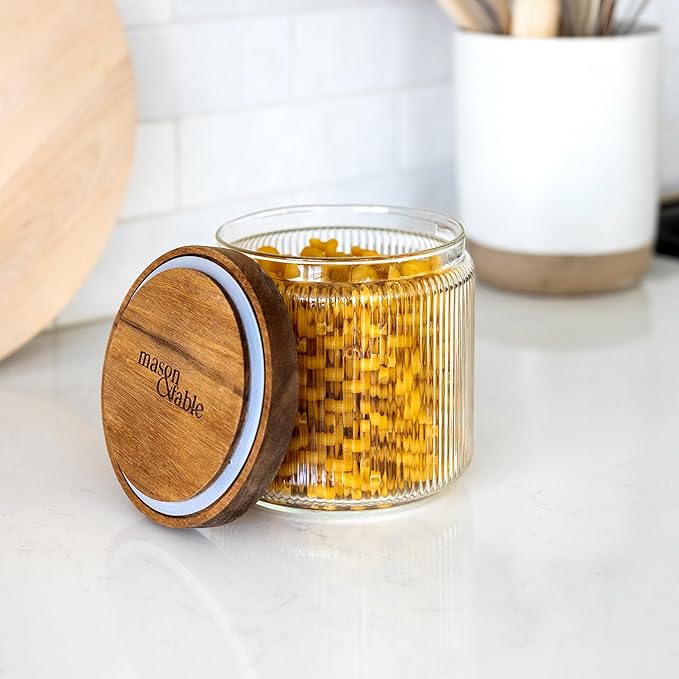 Mason & Fable Ribbed Glass Jar, Stackable & Airtight Wooden Lid- Storage Canister for Cereal, Pasta, Rice/Flour - High End Look for Kitchen, Pantry, Bar Organization - 40oz, Set of 2