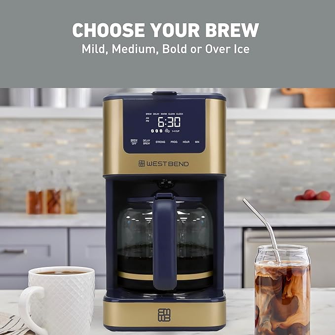 West Bend Timeless 12-Cup Programmable Coffee Maker with Brew Strength Selector for Hot and Iced Coffee, Includes 1-4 Cup Brew Option and Permanent Filter