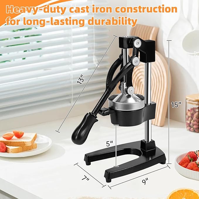 Cast Iron Manual Citrus Juicer, Heavy Duty Hand Press Juicer for Orange, Lemon and Pomegranate, Orange Juicer for Countertop, Commercial Grade for Home Kitchen and Bar, Easy to Use and Clean
