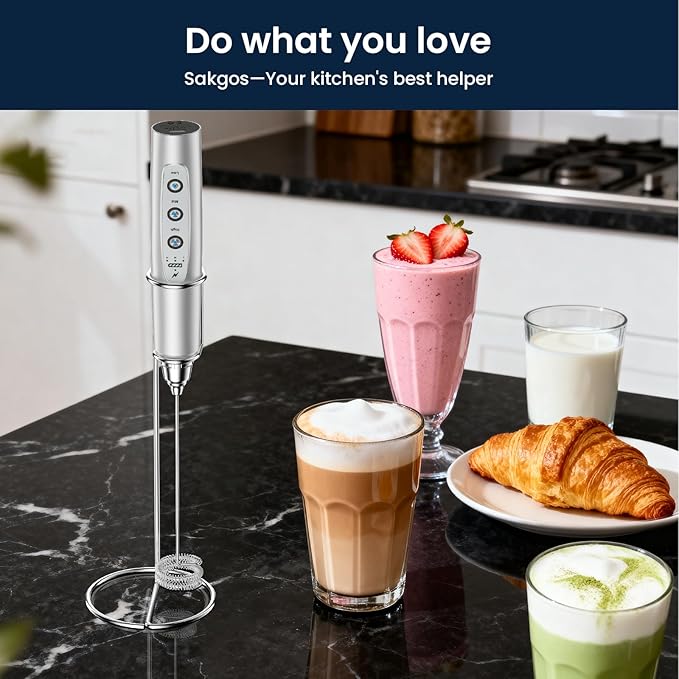 Sakgos Milk Frother with Stand Rechargeable-Handheld Frother Wand with 3 Stainless Whisks 3 Speed Adjustable, Electric Whisk Drink Mixer, Foam Maker Blender for Matcha Latte Cappuccino Chocolate