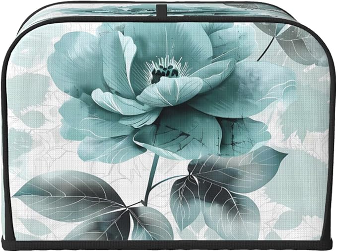 Toaster Cover 4 Slice Elegant Teal Flower Leaves Waterproof Appliance Cover with Hang Loop Bread Baker Toaster Cover for Kitchen