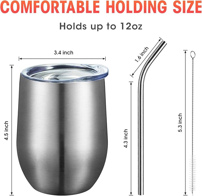 COMOOO 12oz Insulated Wine tumbler with Lid, Stainless Steel Stemless Wine Tumbler Glass,Double Wall Vacuum Wine Tumbler Cups with Straw for Coffee, Cocktails,Beer,Champaign Silver, 4 Pack