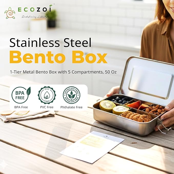 ecozoi Stainless Steel Lunch Box, 1-Tier Metal Bento Box Leak Proof with 5 Compartments, 50 Oz Metal Lunch Container, Meal Prep Food Container, with 50 ml Sauce Container