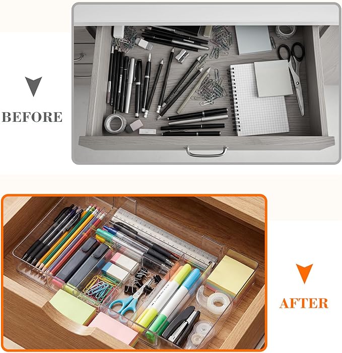 Briwooody 2 Pcs Large Expandable Acrylic Drawer Organizers, Grid Adjustable Drawer, Dividers Organizer for Desk, Makeup, Jewelry, Office, Kitchen Supplies (Clear,8 Compartments)