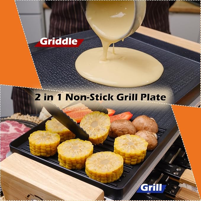 Raclette Table Grill, CUSIMAX Electric Indoor Grill, Korean BBQ Grill with Removable 2 in 1 Non-Stick Grill Plate, 8 Cheese Pans & Wooden Spatulas, Ideal for Parties, Wooden Base New Model
