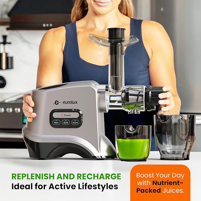 Eurolux Slow Masticating Juicer – Cold Press Machine for High-Yield Juice Extraction – Quiet & Powerful Juicer for Fruits and Vegetables – Easy to Clean, BPA-Free & Nutrient-Rich – Compact Design