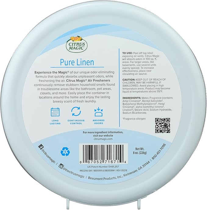 Citrus Magic Odor Absorbing Solid Air Freshener, Pure Linen, 8-Ounce, Pack of 3