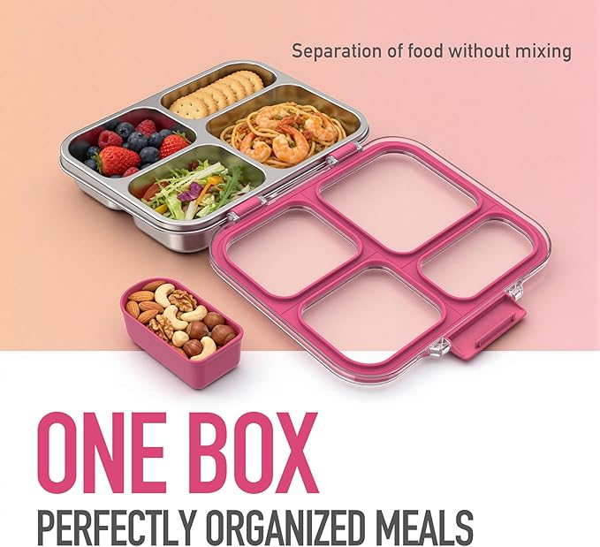 Stainless Steel Bento Box for Kids with Silicone Container, 4 Compartment Metal Lunch Box Kids Adults, Removable Silicone Seal & Clear Lid, Leak Proof Food Storage Container for Meal(Pink)