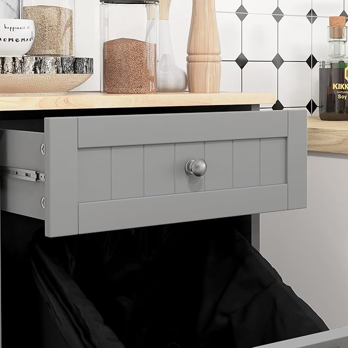 HOMCOM Kitchen Tilt Out Trash Bin Cabinet Free Standing Recycling Cabinet Trash Can Holder with Drawer, Gray