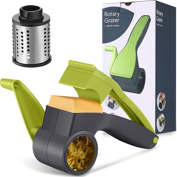 Boao Rotary Cheese Grater Manual Handheld Cheese Grater with Stainless Steel Drum for Grating Hard Chocolate Nuts Kitchen Tool(Gray Green)