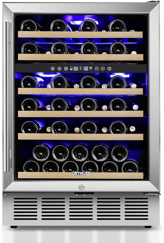 ORYMUSE 24 Inch Wine Cooler Refrigerator, 46 Bottle Dual Zone Wine Fridge with Stainless Steel Glass Door, Adjustable Shelves, Upgraded Compressor, Built-In Freestanding for Home, Bar, Kitchen