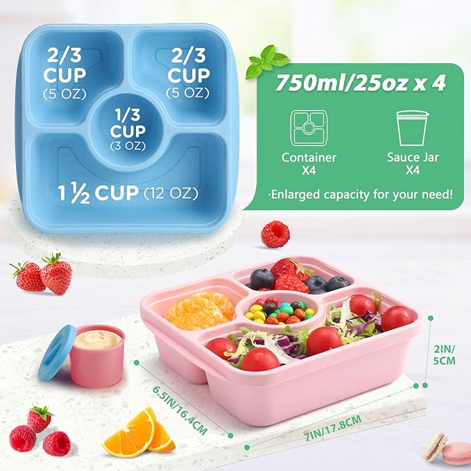 QQKO Bento Snack Box Containers for Adults Kids, 4 Pack Lunchable Meal Prep Containers Reusable, Stackable Bento Lunch Box, Food Storage Prep Containers with 4 Sauce Cups, Pastel Color, White Lid