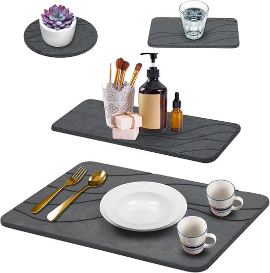 Stone Dish Drying Mat For Kitchen Counter With Diatomite Sink Tray Set - Quick Dry, Fast Water Abosrbing, Diatomaceous Earth - Multi-Purpose Stone Drying Mat For Dishes, Cups, Bottles - (15" x 15")