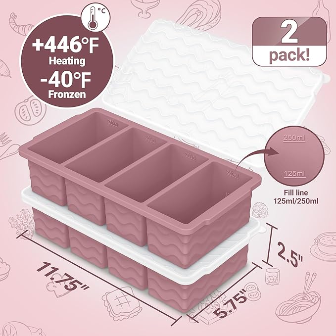 Doasuwish Silicone Freezer Tray for Soup with Lid – 1-Cup Soup Container Cube Style Ice Cube Trays for Freezer, Meal Prep & Food Storage, Freeze 250mL/125mL Portions – 2 Pack
