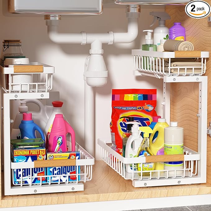 Liuoud Under Sink Organizer 2 Pack, 2 Tier Slide Out Large Capacity Height Adjustable Under Sink Organizers and Storage for Kitchen Bathroom Cabinet, White