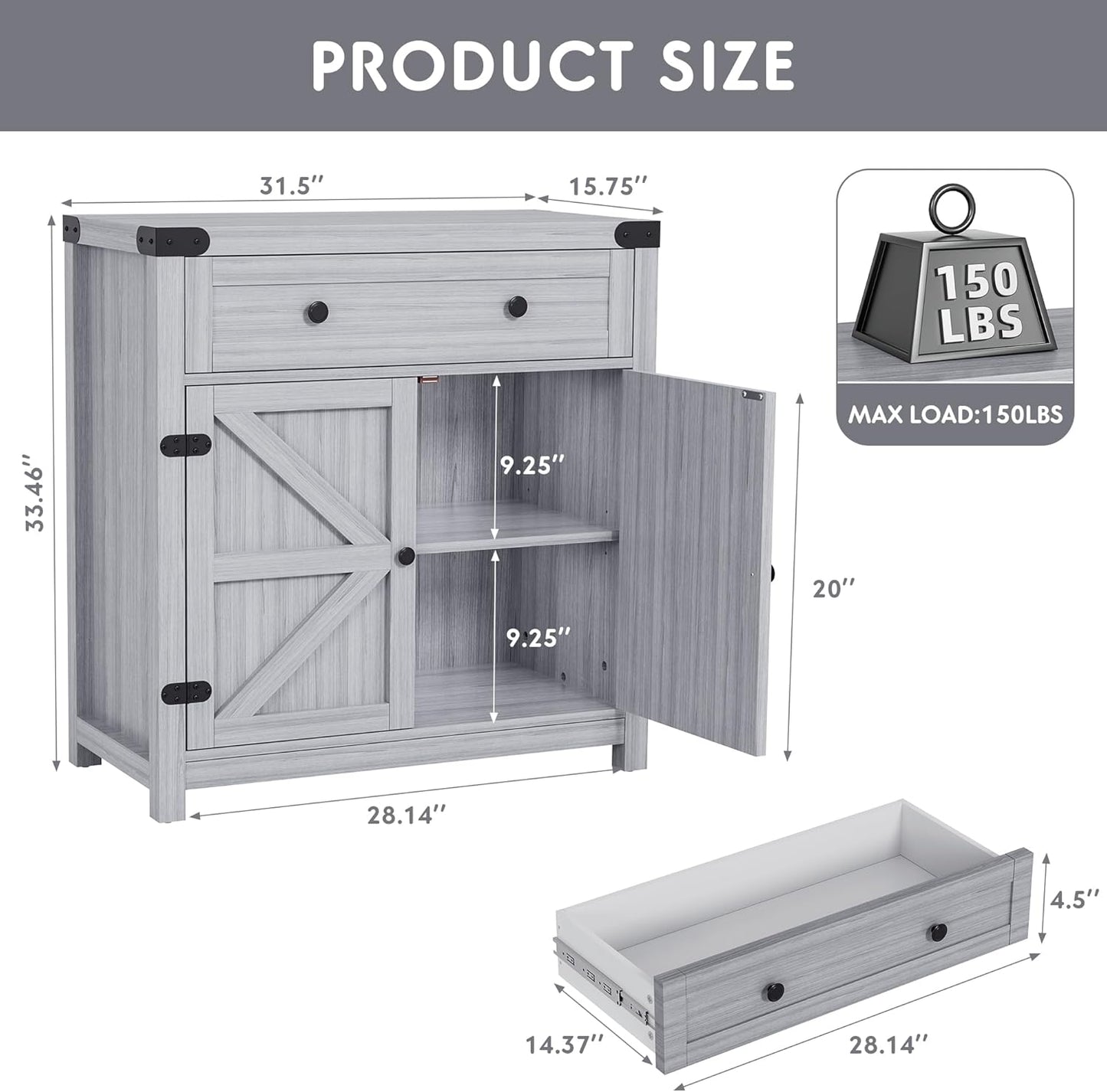 YESHOMY Farmhouse Coffee Bar Cabinet Sideboards, with Barn Doors, Spacious Drawer, Adjustable Interior Shelf, Generous Top Surface, for Kitchen, Bathroom, Entryway, Living Room, Pure Gray