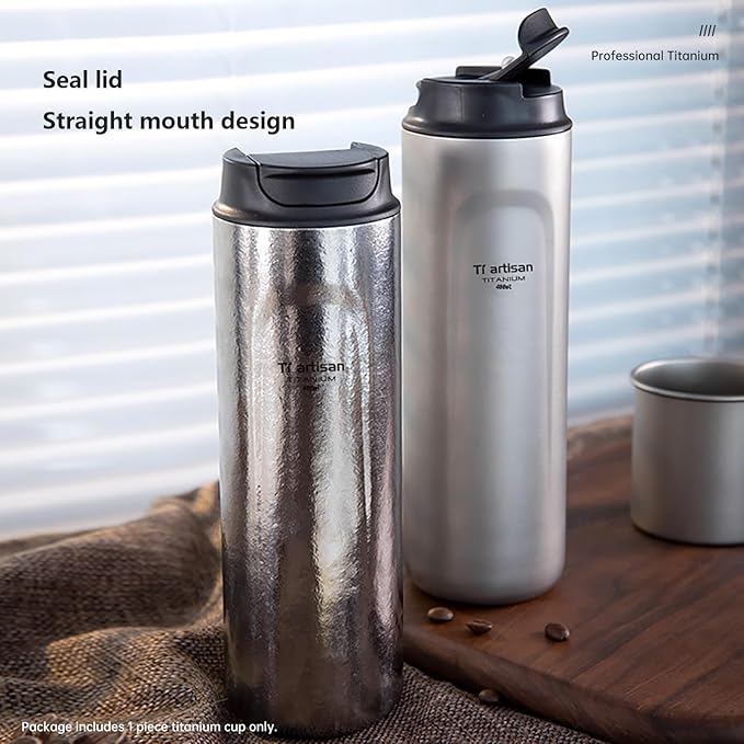 Titanium Water Bottle French Press Pot Milk Frother Coffee Cups 16.23fl oz | Double Layer Thermal Insulation | Leakproof & Packable for Travel & Sports | (Ice Flowers)