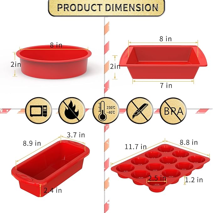 SILIVO 5-Piece Silicone Baking Pans Sets - Nonstick Silicone Bakeware Set with Bread Loaf Pan, Muffin Pan, Square/Round Cake Pan - Oven & Dishwasher Safe