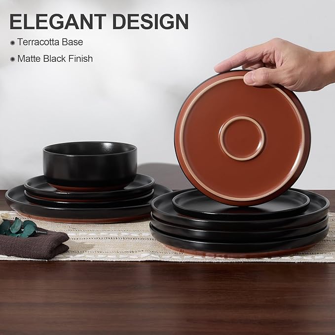 E-far 18-Piece Stoneware Plates and Bowls Sets, Dinnerware Sets for 6, Ceramic Dishware Dishes Set with Terracotta Base, Chip & Scratch Resistant, Microwave & Dishwasher Safe, Matte Black