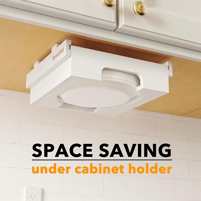SpaceAid 9-inch Paper Plate Dispenser (Need 10.2 Inches Deep Cabinet Space) Under Cabinet Bamboo Plates Holder, Kitchen Vertical Dipensers Caddy, White
