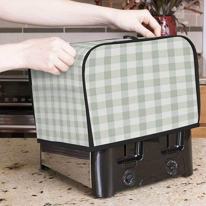 4 Slice Toaster Cover,Spring Light Green Gingham Checkered Plaid Small Kitchen Appliance Bread Machine Cover with Pockets,Dust & Fingerprint Protection