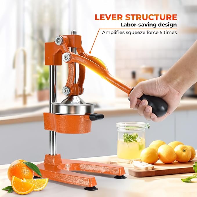 ROEDEER Heavy-Duty Manual Citrus Juicer – Cast Iron Orange Juicer Squeezer, Dual-Die Head, Manual Juicer, Citrus Squeezer, Lemon Juicer Manual & Pomegranate Juicer for Fresh Juice (Orange)