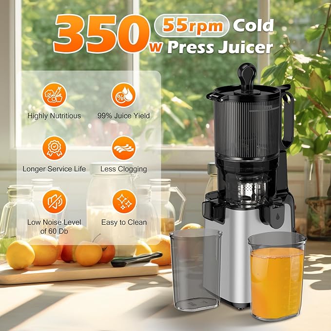 Juicer Machines with 5.8" Extra Large Feed Chute, Cold Press Juicer Fit Whole Vegetables and Fruits, 400W Professional Masticating Juicer Easy to Clean for Batch Juicing (Silver)