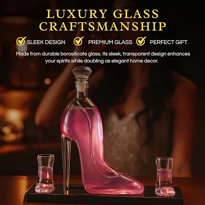 Heel Stiletto High Heels Whiskey and Wine Decanter With Heel Glasses & Wood Base - Elegant with Stopper for Liquor, Bourbon, Tequila - Unique High Heel Design, Present Gift for Women, Stylish Barware