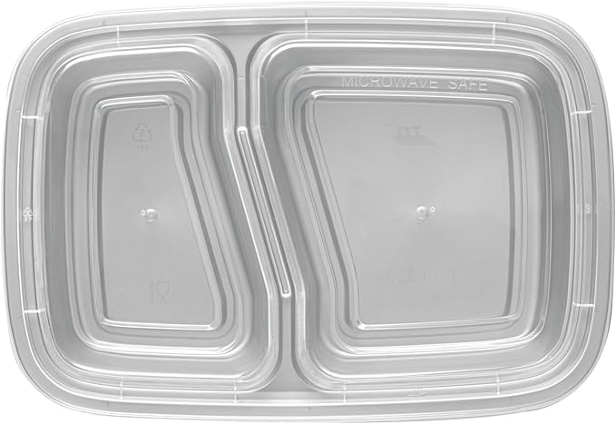 Restaurantware-Asporto 26 Ounce Compartment Take Out Boxes, 100 Microwavable Meal Prep Containers - 2 Compartments, With Clear Plastic Lids, Silver Plastic Food Containers, Do Not Contain BPA