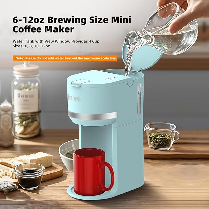 Horavie Mini Single Serve Coffee Maker for K-Cup Pod and Ground Coffee, Fast Brew One Cup Coffee Machine with Descaling Reminder and Water Window, 6 to 12 oz. Brew Sizes, Light Blue