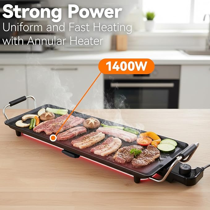 39.5-Inch Electric Griddle & Teppanyaki Grill, 1400W Large Non-Stick Surface, Intelligent Temperature Control, Easy to Clean. Indoor/Outdoor Use for Pancakes, BBQ, Camping & Gatherings