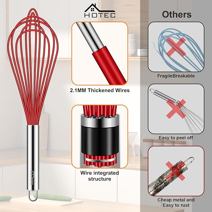 HOTEC 4 Pieces Silicone Whisks Set, Wire Balloon Whisks for cooking Egg Beater, Non-slip Handle Whisk for Non-stick Cookware Perfect for Cooking, Stirring, Beating and Blending (Multicolor)