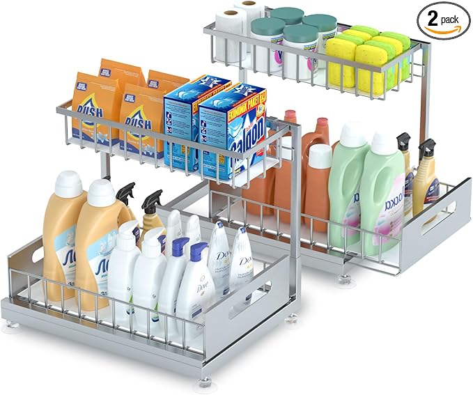 Saydear Under Sink Organizer Storage 2-Tier Premium Metal Pull-Out Kitchen Cabinet Organizer with Sliding Drawer, Height Adjustable, Heavy Duty for Kitchen & Bathroom Organizers 2 Pack Grey