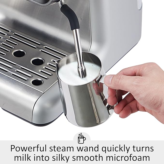 GarveeHome Espresso Machine With Grinder, 20 Bar Semi-Automatic Espresso Coffee Maker With Milk Frother Steamer Wand Cappuccino Latte Macchiato, 95 oz Water Tank, Pid Temperature Control-Silver