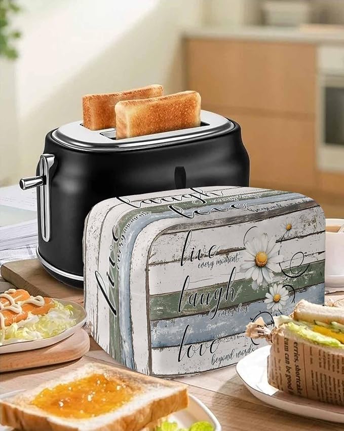 White Green Blue Toaster Cover 2 Slice, Vintage Wooden Rustic Dustproof Bakeware Oven Protector with Top Hook, White Daisy Floral Waterproof Small Kitchen Appliance Toasters Dust Cover, 11"x6"x8"