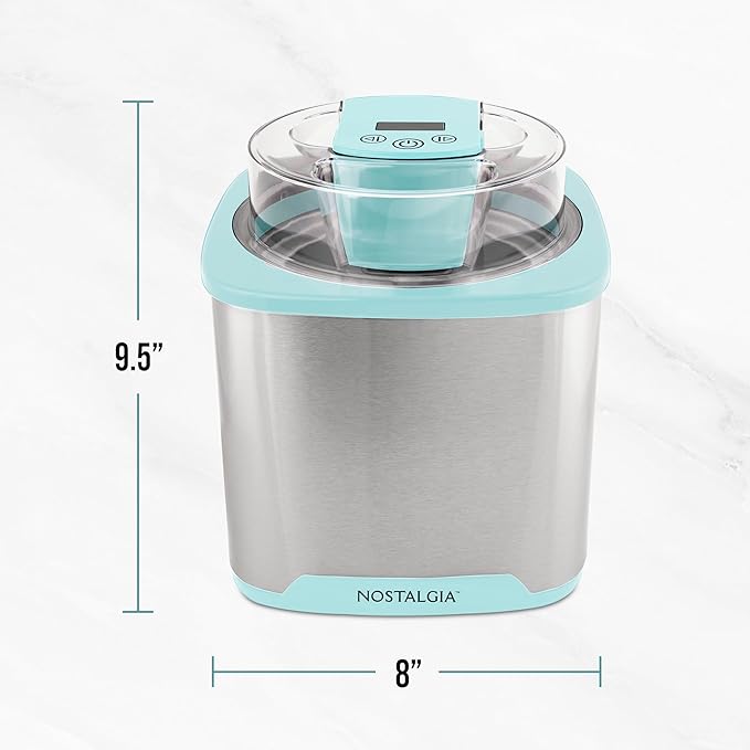 Nostalgia 2-Quart Electric Ice Cream Maker – Make Homemade Ice Cream, Gelato, Sorbet & Frozen Yogurt – No Salt/Ice Needed, Digital Controls, Mix-In Chute & Freezing Gel Canister – Stainless & Aqua