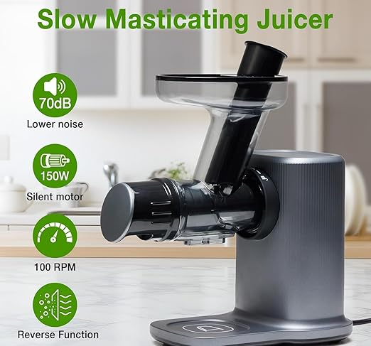 HealSmart Cold Press Juicer, Slow Masticating Juicer with 5.91-Inch Extra Wide Feed Chute, High Juice Yield, Easy to Clean for Whole Fruits & Vegetables, BPA-Free Food Grade Materials, Charcoal