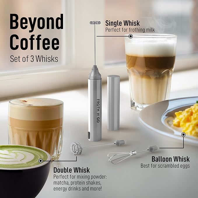 Zulay Froth N Go Milk Frother – Rechargeable 3-in-1 Handheld Frother Wand with Travel Case & USB-C Charger – Single, Double & Egg Whisk for Latte, Cappuccino, Matcha, Protein Shakes – Silver