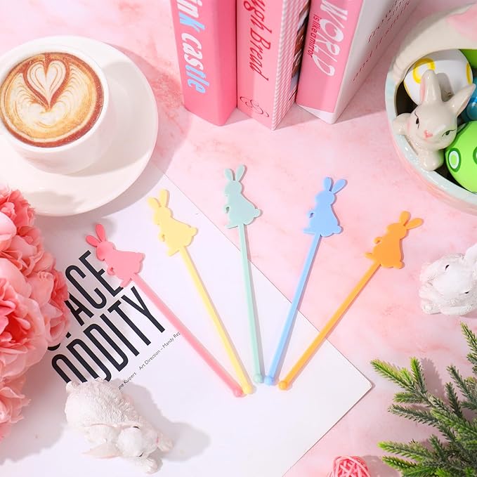 JarThenaAMCS 50 Pcs Easter Bunny Drink Stirrers Pastel Rabbit Plastic Swizzle Sticks Reusable Cocktail Stir Sticks for Coffee Tea Hot Cocoa Beverage Bar Home Party Supplies