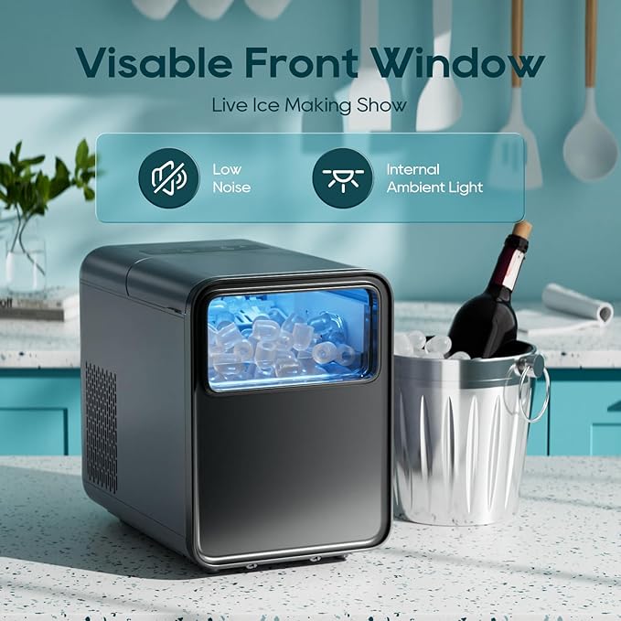 BREEZOME Ice Maker Countertop, 9 Ice Cubes in 6 mins, Self-Cleaning Portable Ice Machine with Basket and Scoop, 2 Sizes of Bullet Ice for Home Kitchen Party Camping RV