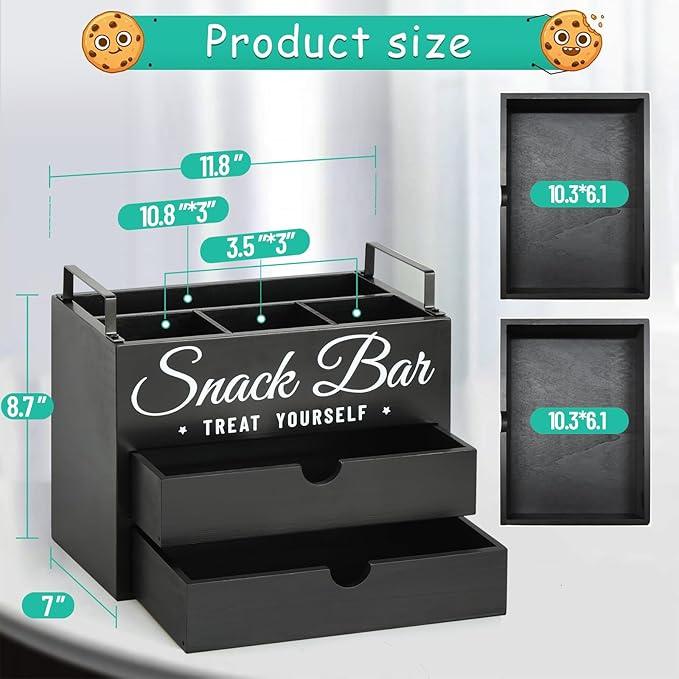 Snack Organizer for Countertop, Wood Pantry Storage Bins with Handles, Snack Organizer for Pantry, Kitchen, 4 Compartment Food Container Snack Box with 2 Drawers, Pantry Organizer for Snacks, Chips