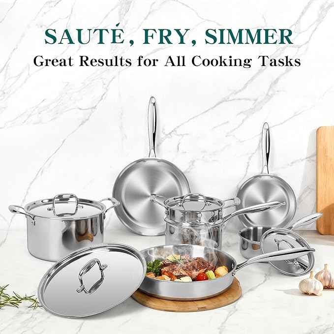 EWFEN Pots and Pans Set, 3 Ply 11 Piece Stainless Steel Cookware Set, Oven Dishwasher Safe | Induction Compatible Frying Pans, Saucepans, Saute Pan & Stock Pot, PFOA Free Kitchen Skillet