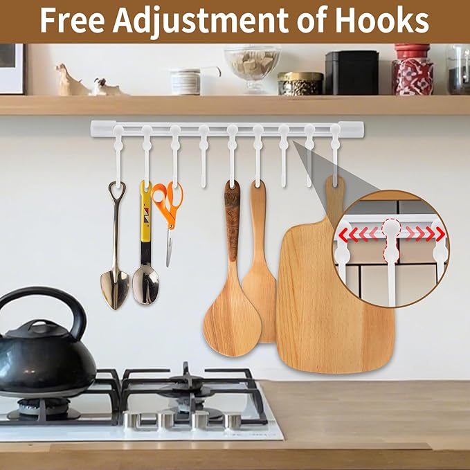 Kitchen Utensil Hanging Rrack - Hooks for Kitchen Utensils, No Drilling Wall Mounted Utensil Holder, Kitchen Rail Rack with 10 Hooks Hanger for Kitchen Bathroom (Pack of 2)