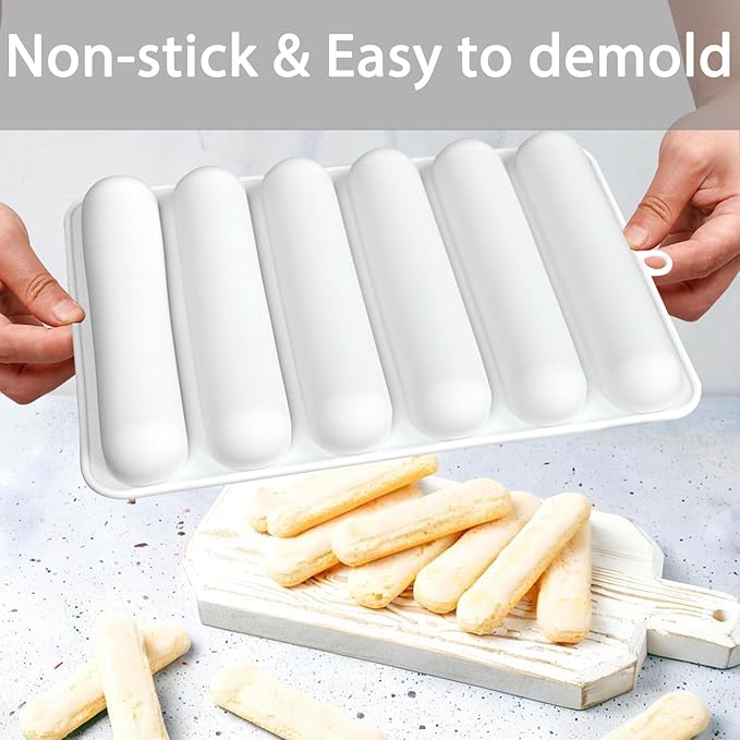 Silicone Eclair Mold, 6-Cavity Hot Dog Bun Pan, Finger Biscuit Baking Tray for Chocolate Cracker Bar, White, Set of 2