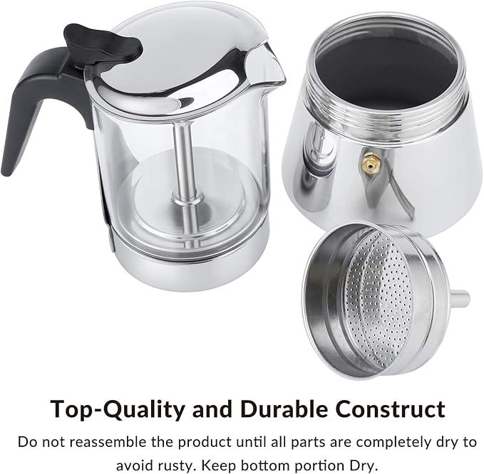 Geesta Premium Crystal Glass-Top Stovetop Espresso Moka Pot - 4/6/ 9 Cups - Stainless Steel Coffee Maker- 240ml/8.5oz/6 cup (espresso cup=40ml)