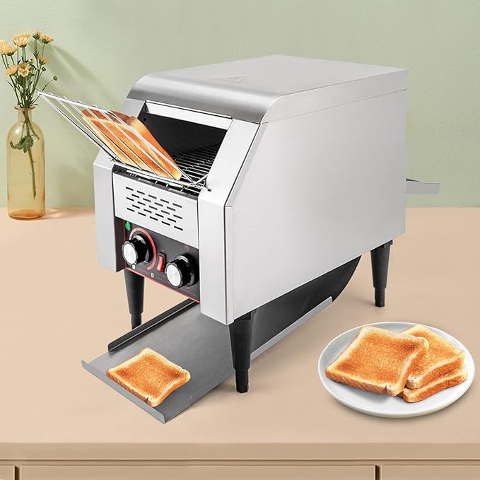 Commercial Conveyor Toaster 1300W, 150 Slices/Hour Stainless Steel Bread Oven with Dual Temp Control & Double Chutes - 7-Speed Adjustable